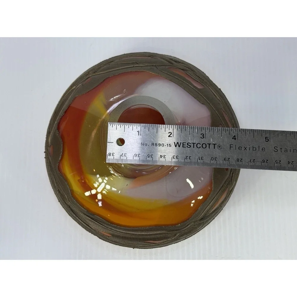 Hand Blown Art Glass Vase Decorative Copper Coated Metal Ring Embedded Orange